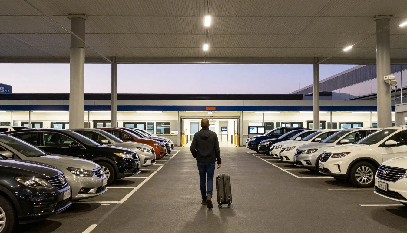 Parking hall interior in Mascot with a traveller walking between steel columns toward the shuttle bay