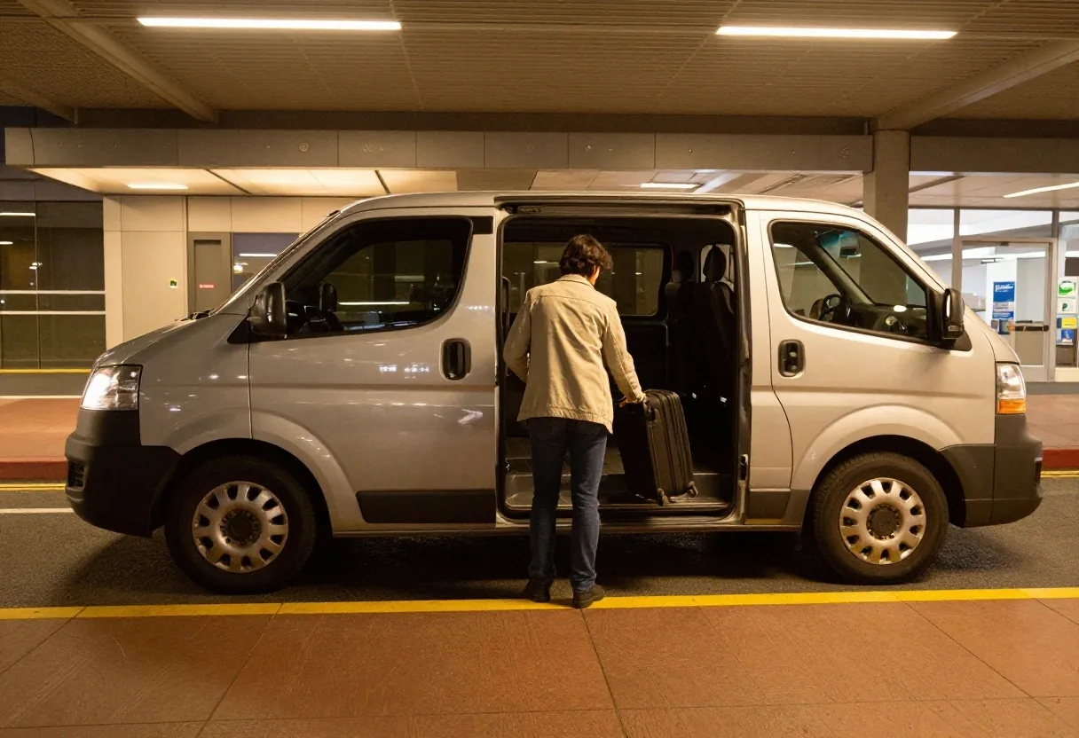 Traveller unloading a suitcase from a van at a Sydney Airport terminal kerb