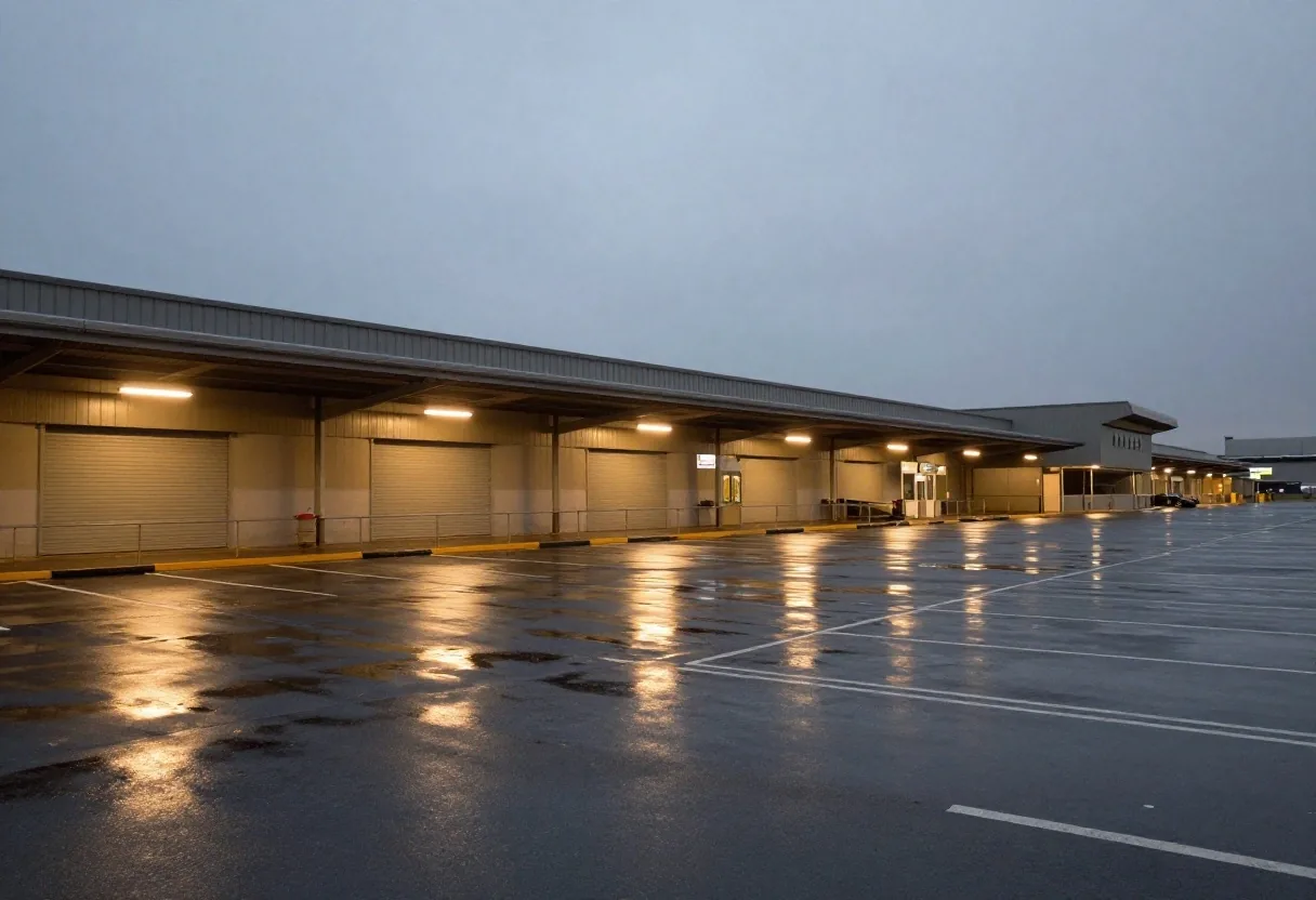Dusk forecourt of a Mascot parking hall with lamp-lit tarmac and a kerbside entry
