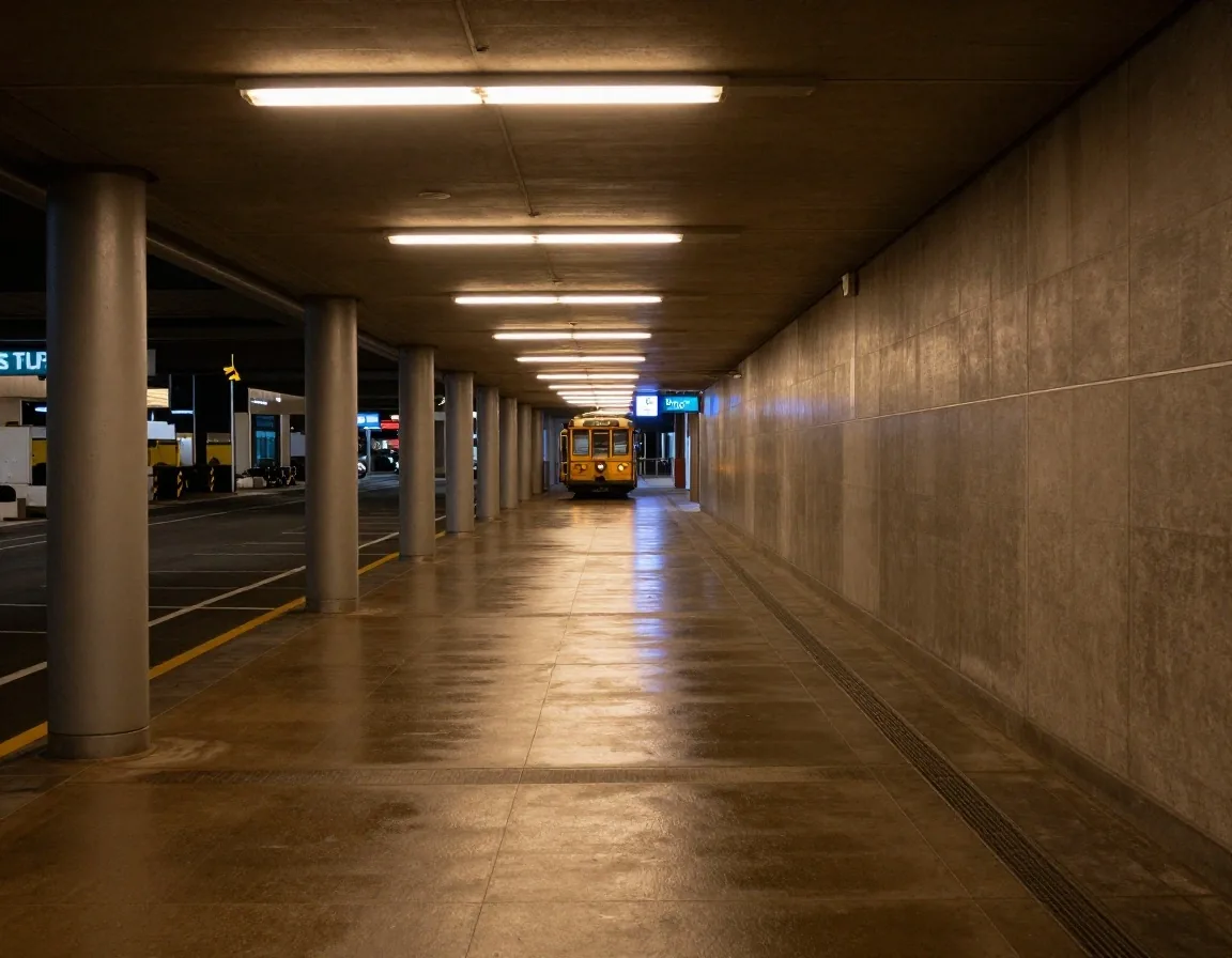Traveller with luggage walking through a lit terminal kerbside doorway near Sydney Airport