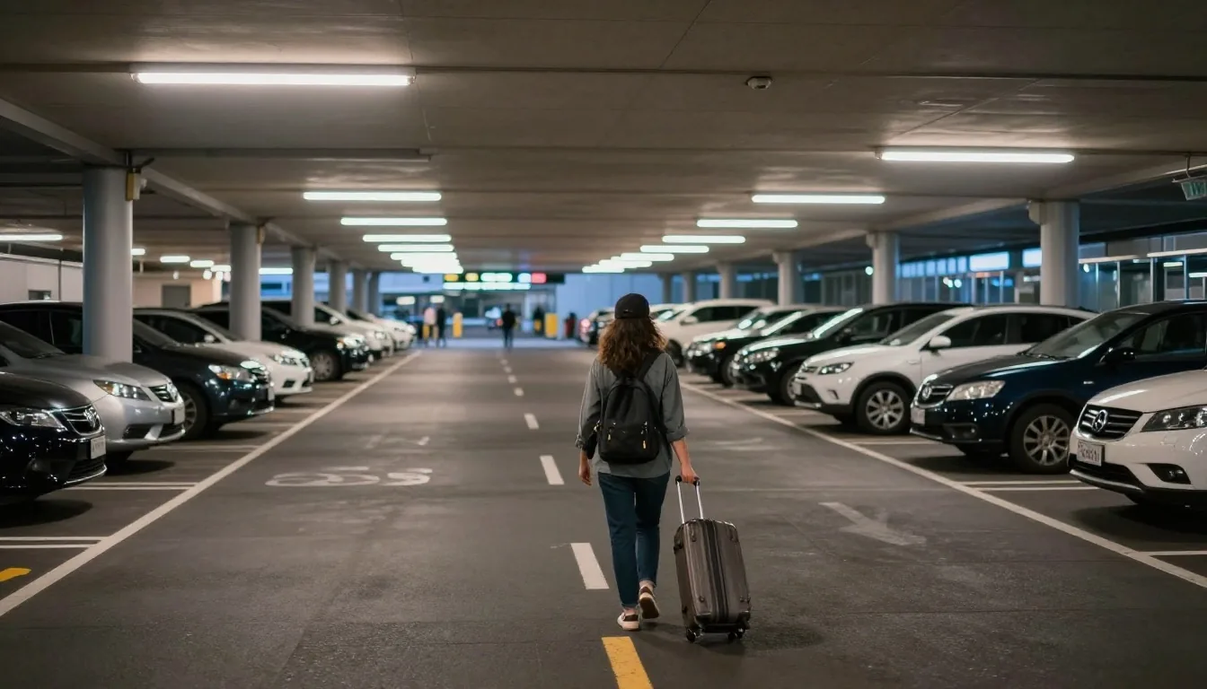 Dusk forecourt of a parking hall near Sydney Airport with a sodium lamp glow and a traveller walking to the terminal kerb