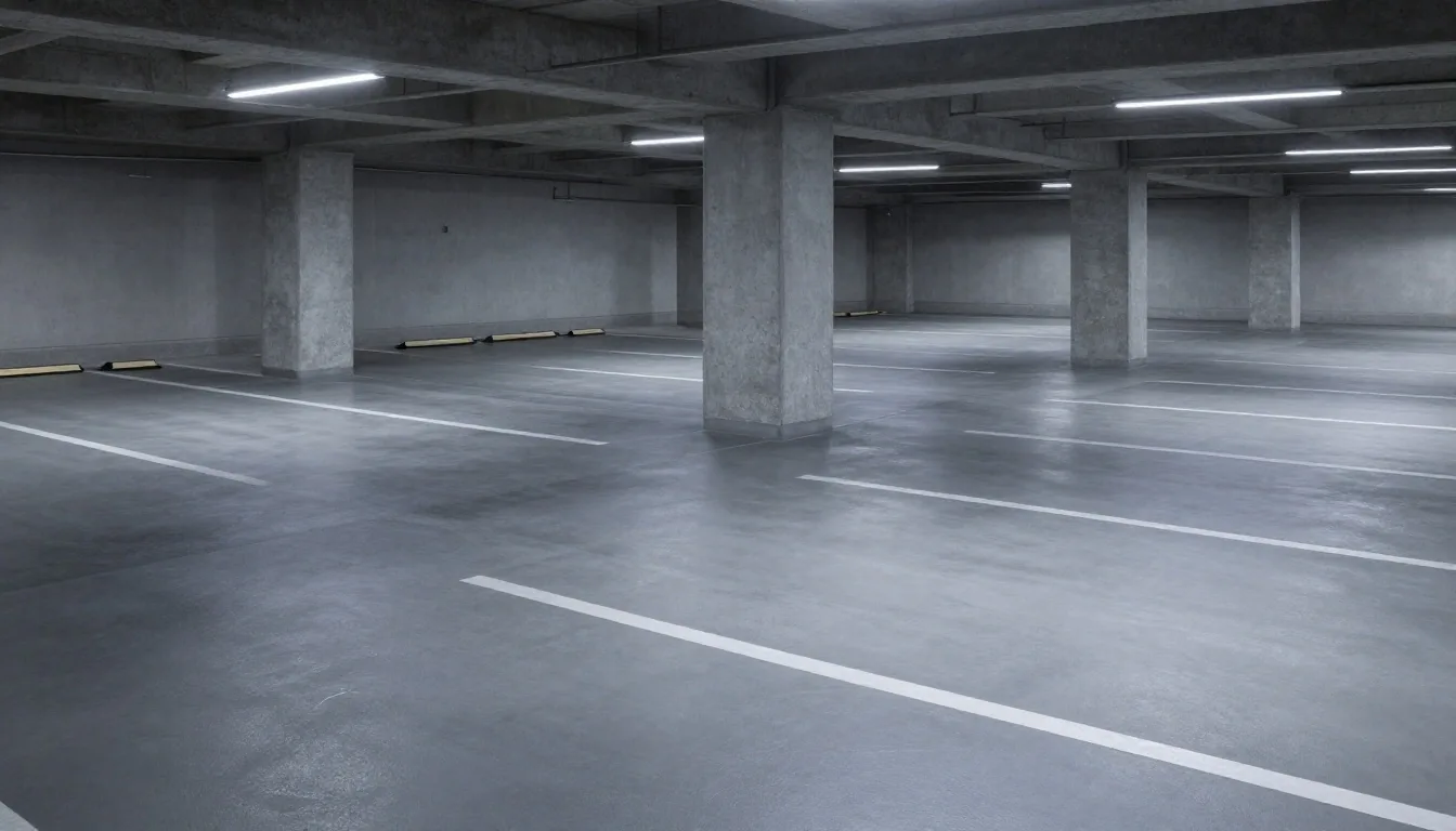 Interior of a parking hall at night with graphite flooring and mint light strips along the bays