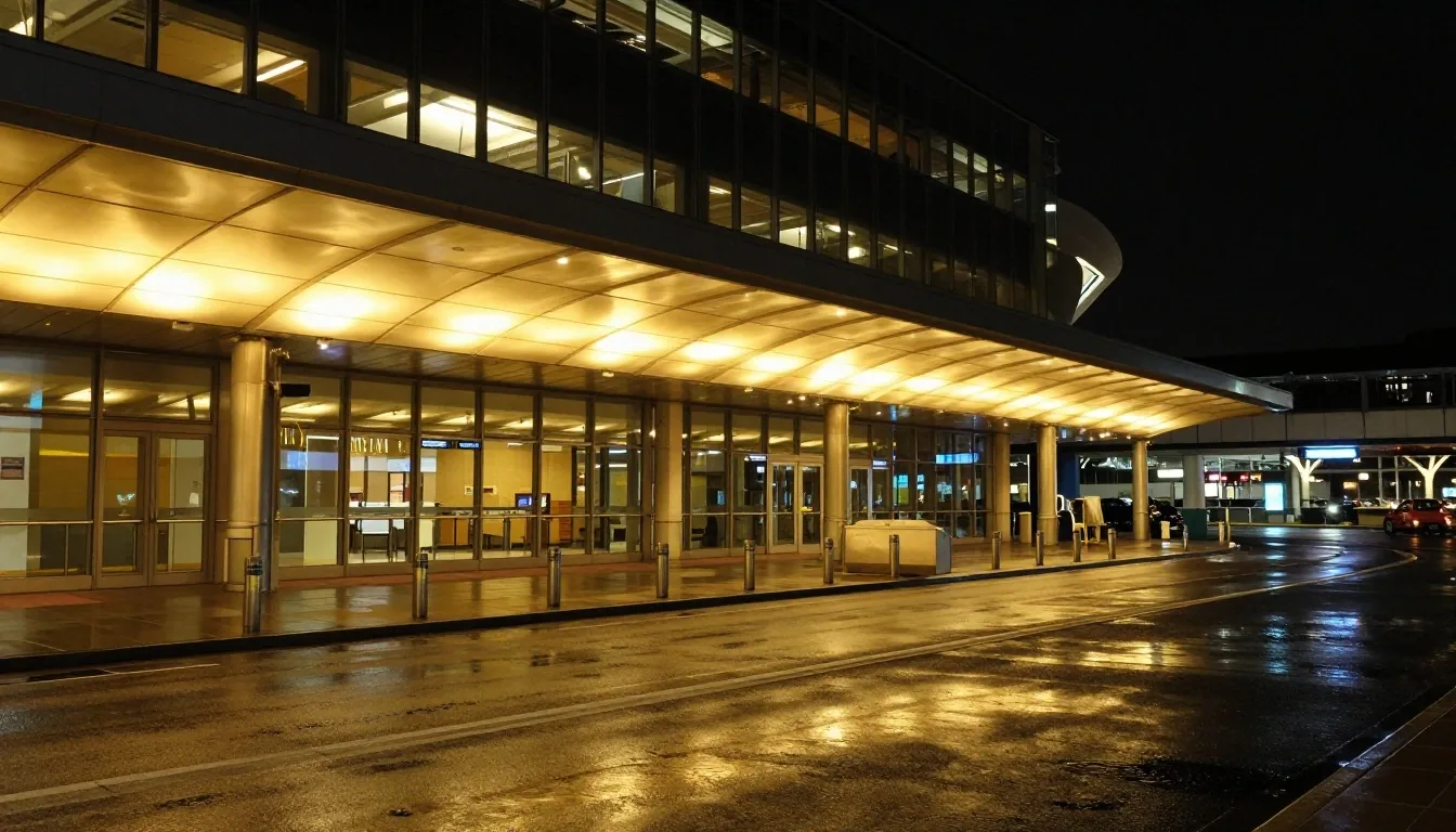 A traveller with a suitcase walking into the lit kerbside entrance of a Sydney Airport terminal at dusk