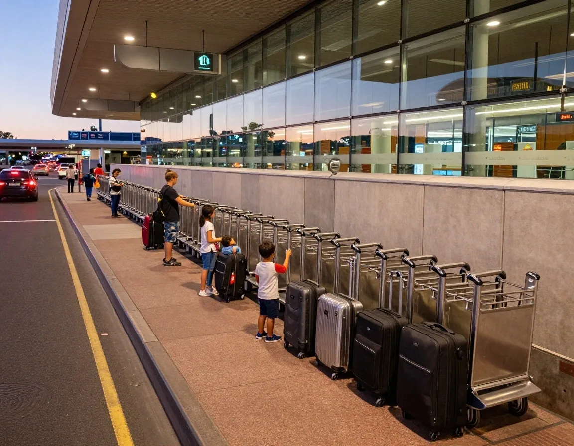 Family with luggage waiting beside a trolley bay at the international terminal kerbside loop in the early evening