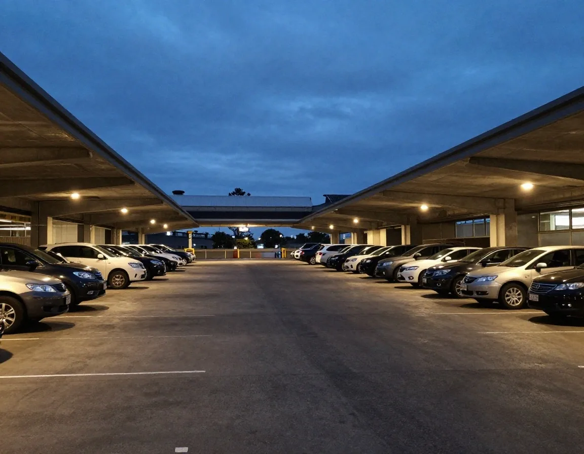 Powder-coated orange sign frame at the kerbside entry of an airport parking site at dusk