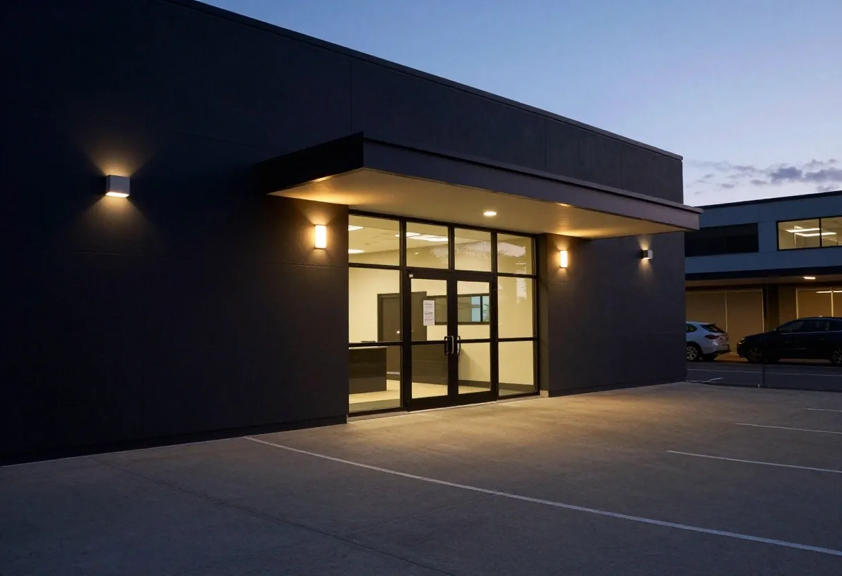 Street number plate on a powder-coated wall beside an entrance door in Mascot at dusk