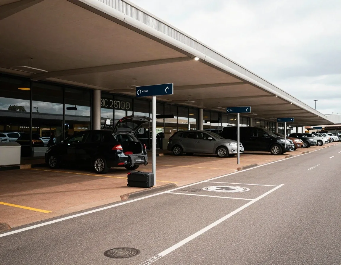 Traveller with a suitcase stepping from a car at the kerbside drop-off lane of a Sydney airport domestic terminal