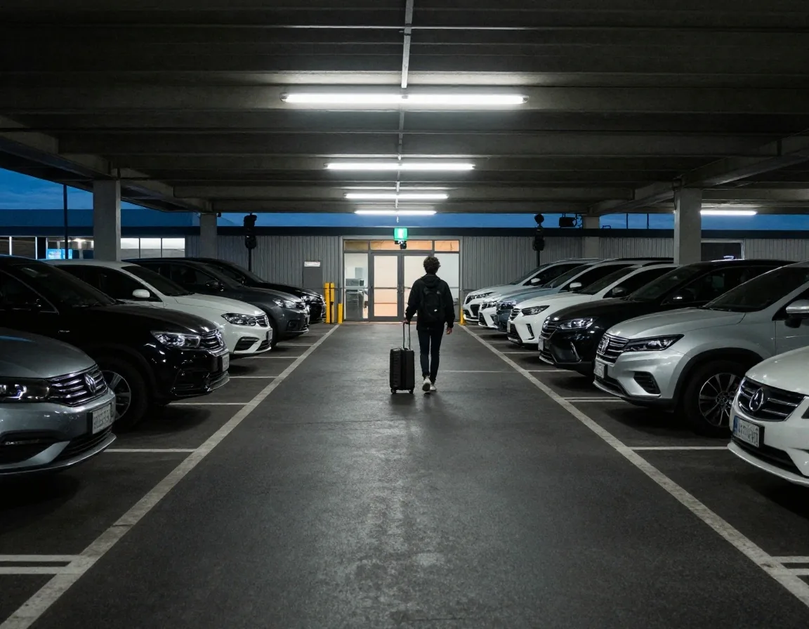 Traveller walking through a graphite-floored parking hall toward a lit shuttle bay at dusk