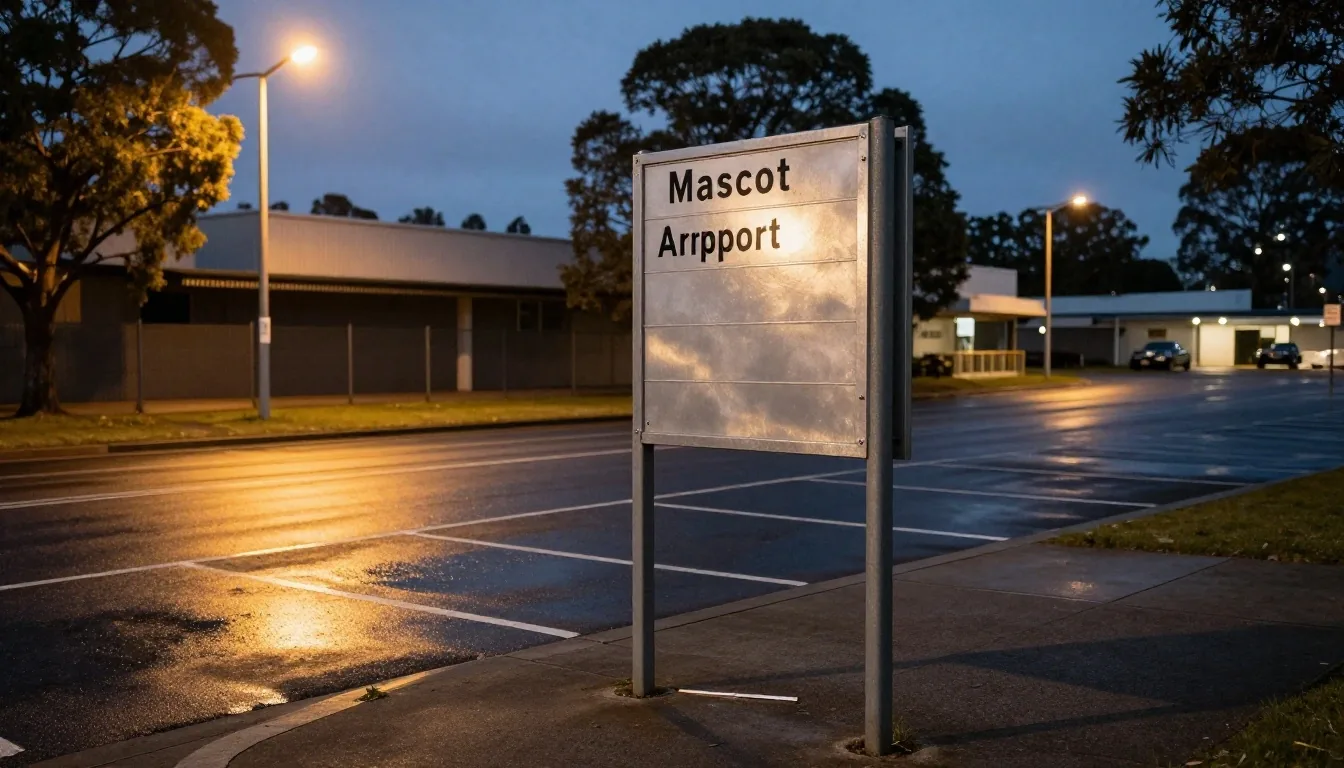 Dusk view of a Mascot street sign panel on a powder-coated steel post near the corner of a warehouse block