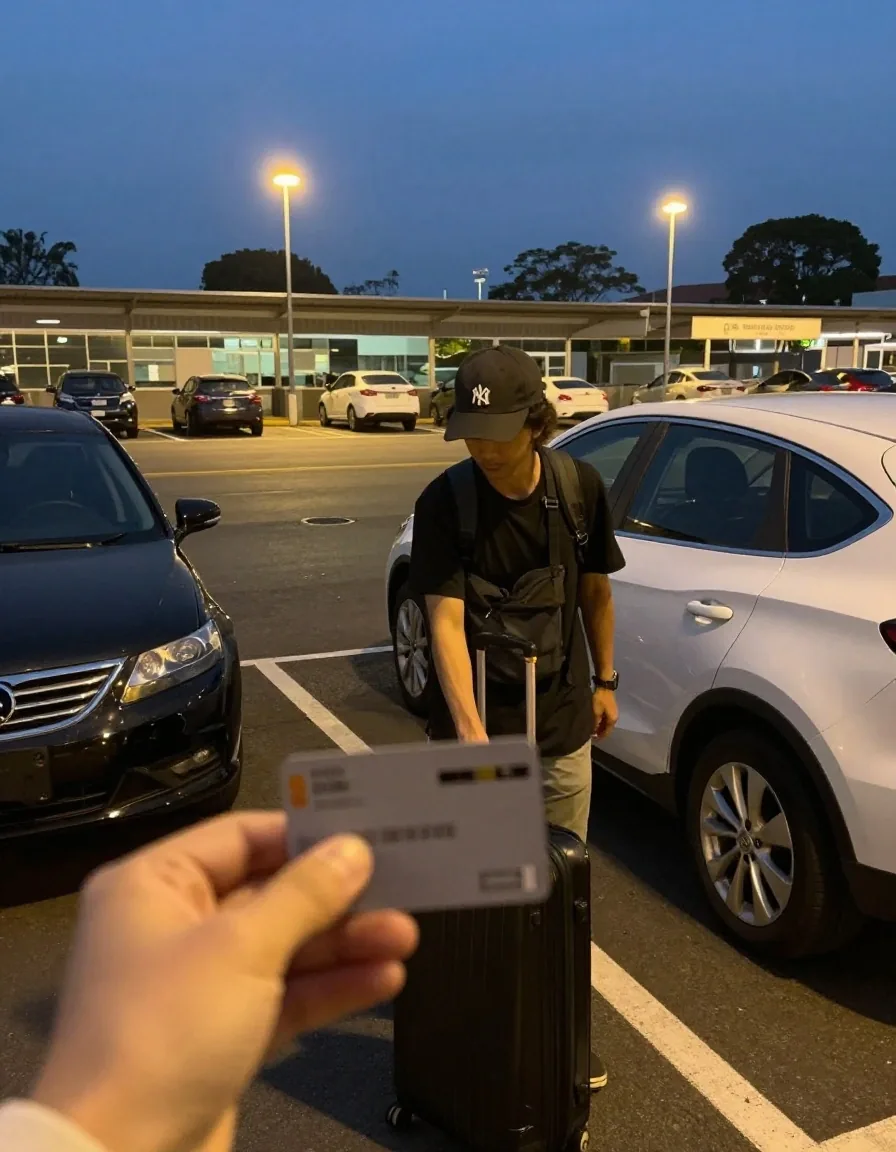Hand holding a folded parking entry card beside a suitcase next to a car in a Mascot parking area at dusk