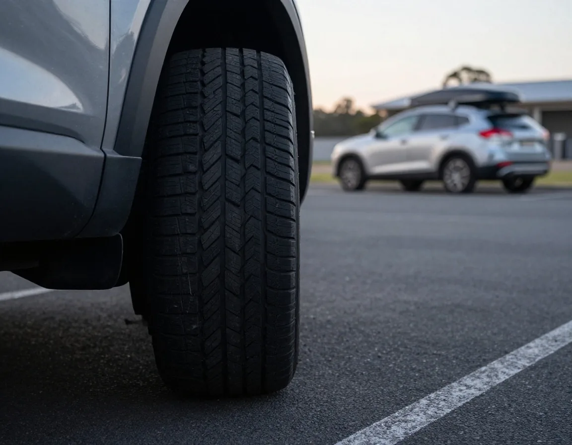 Close-up of a car tyre on tarmac at a Mascot parking yard with a roof box in the background
