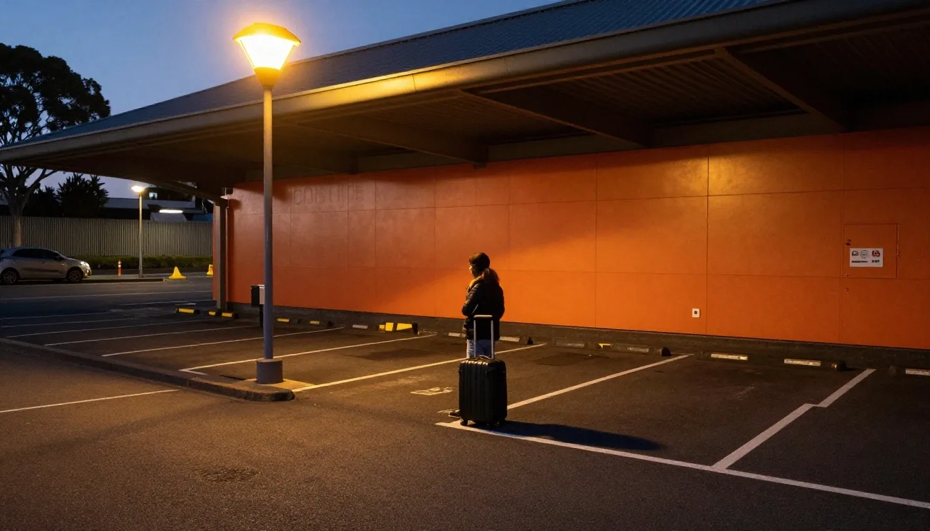 Forecourt of a parking hall near Sydney Airport at dusk with a traveller and luggage by the entrance