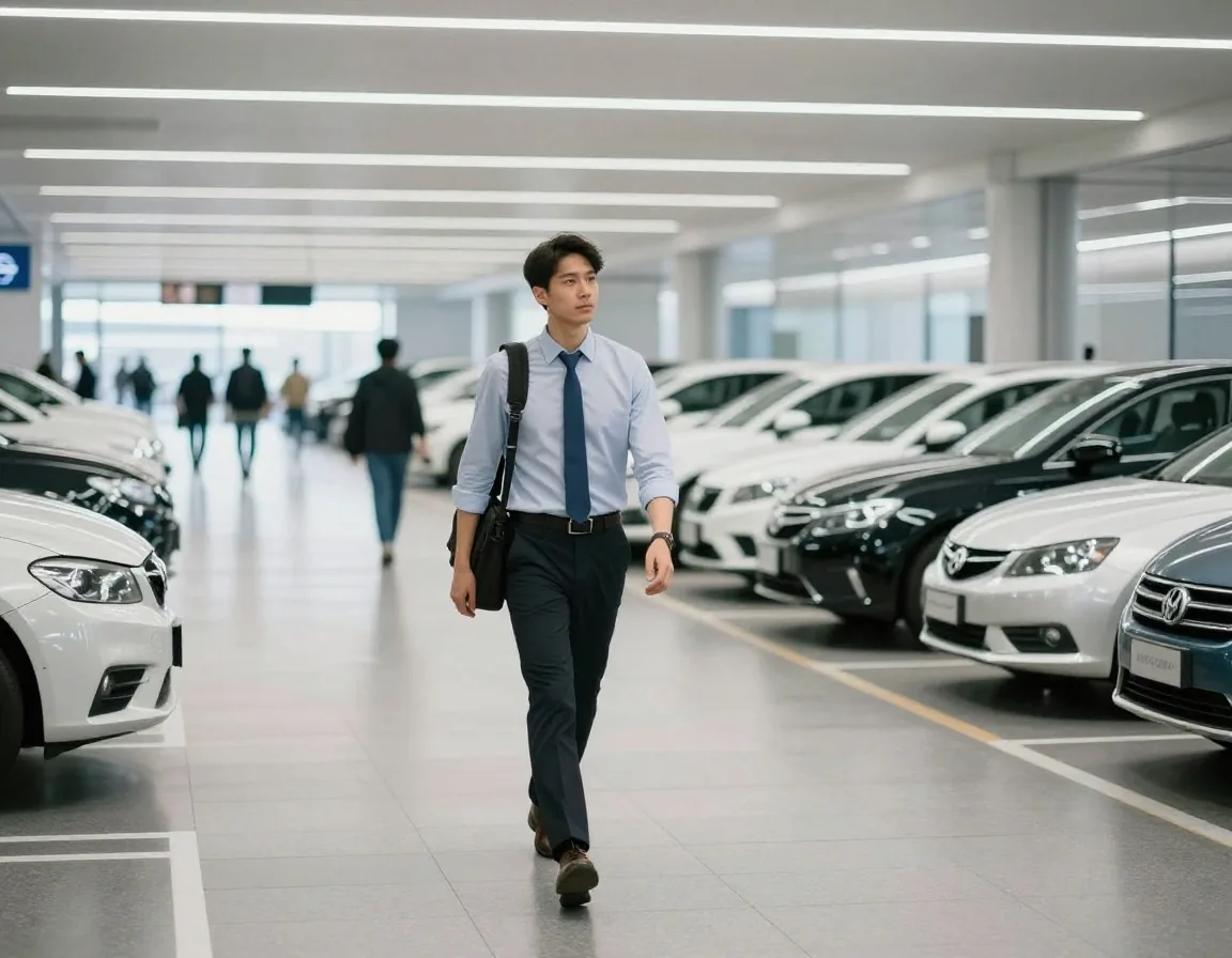 Traveller walking through a parking hall interior during a day stay near Sydney Airport