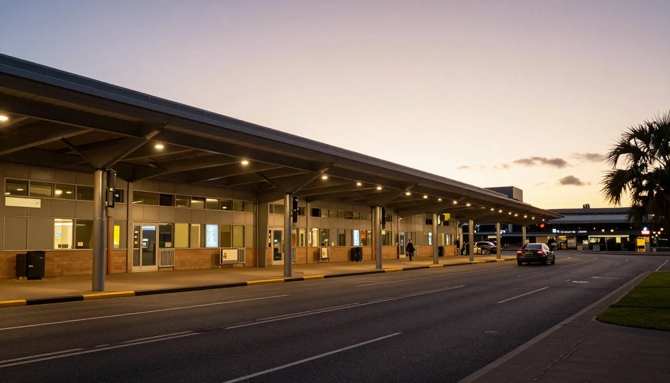 Traveller walking into a lit Sydney Airport terminal doorway in the late afternoon