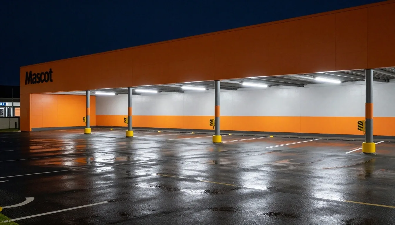 Forecourt of a Mascot parking hall beside Sydney Airport at dusk, with a powder-coated accent wall along the entry lane