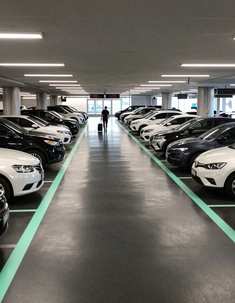 Interior of a parking hall near Sydney Airport with a graphite floor, mint floor light strips, and one traveller walking toward the shuttle bay