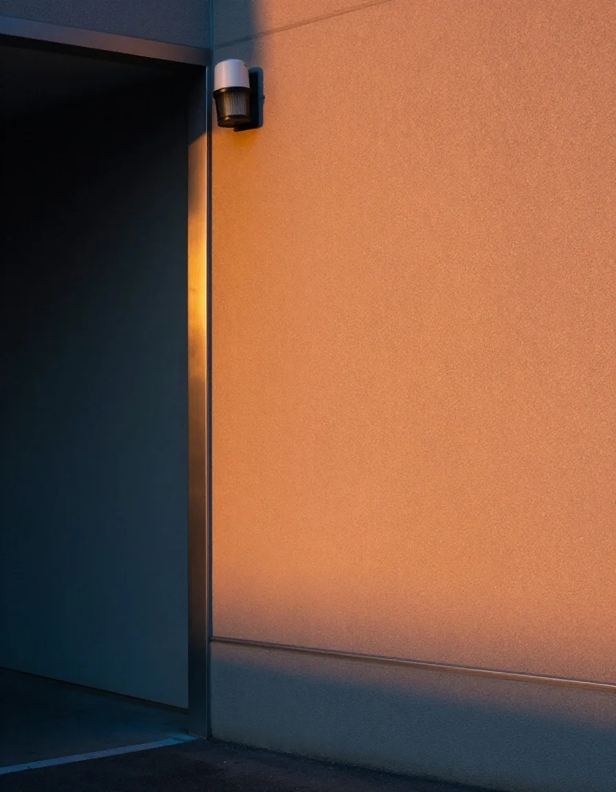 Powder-coated wall detail beside the parking hall entrance in Mascot at dusk, with mounted metal numerals and a brushed steel plate