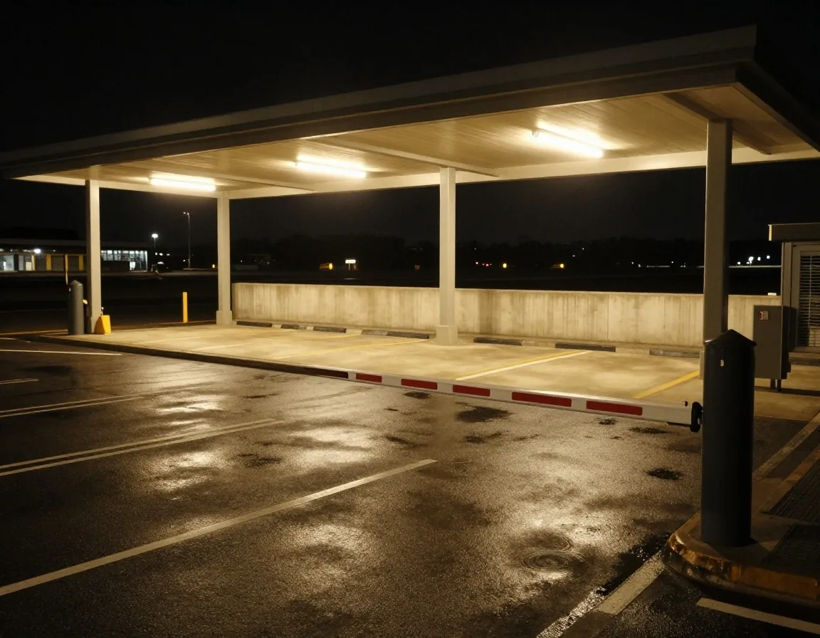 Close-up of a parking entry barrier arm and posted rate board at night