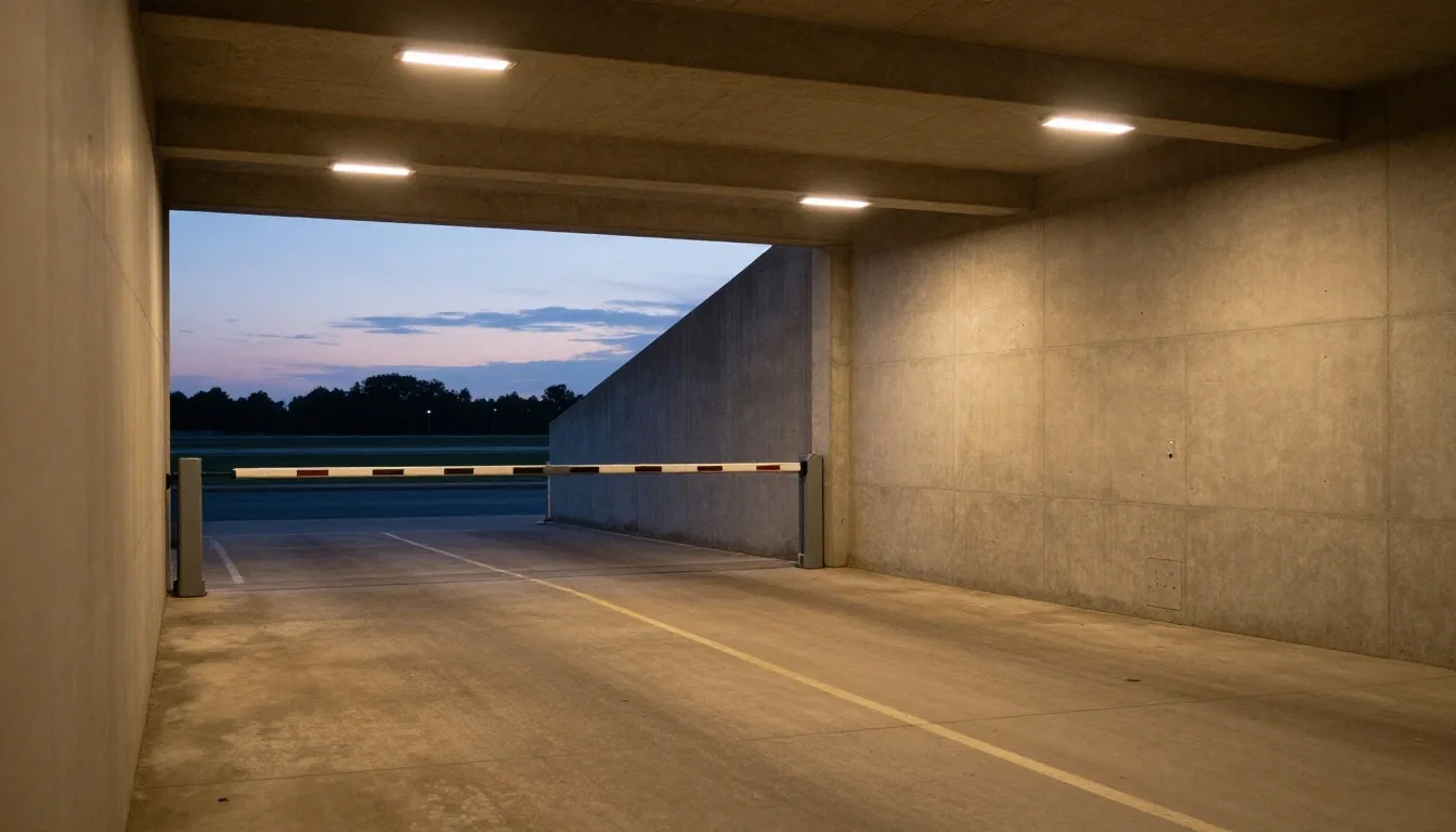 Folded rate card resting on a powder-coated steel counter at a Mascot parking hall at dusk