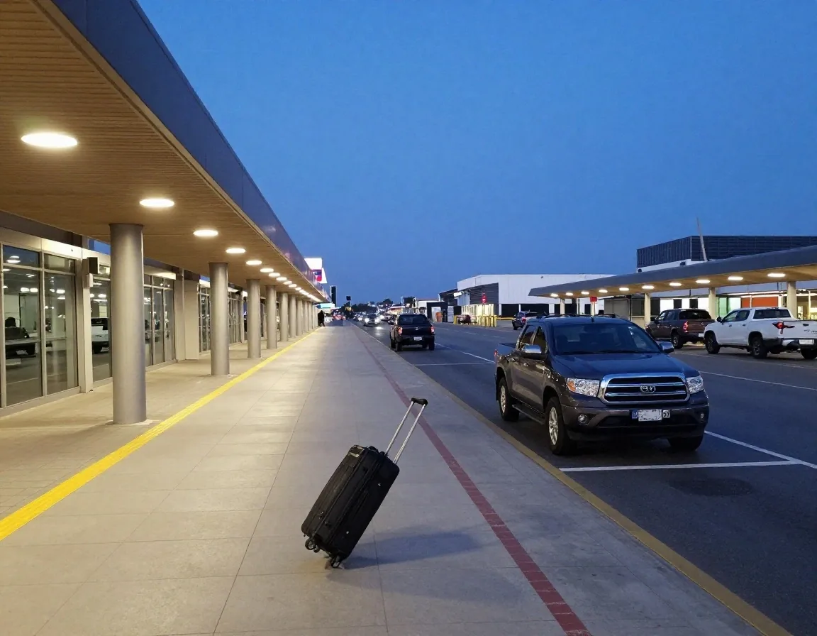 Traveller with luggage leaving an airport terminal kerb at dusk