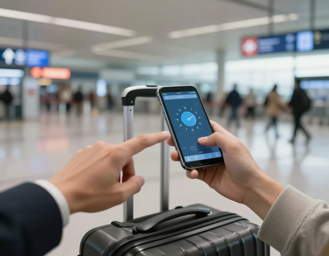 Traveller checking the time on a phone beside a suitcase outside a terminal doorway