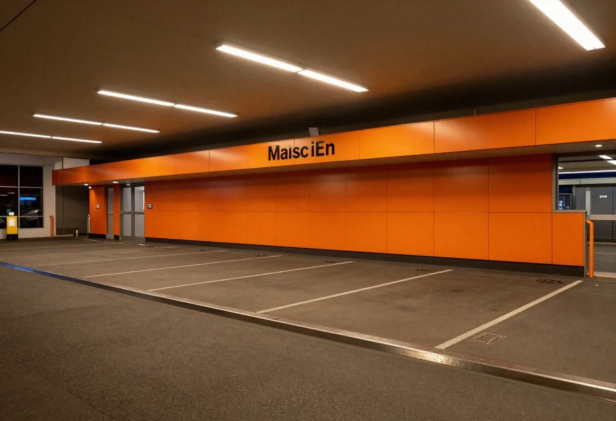 Dusk exterior of a parking hall near Sydney Airport in Mascot, with an orange powder-coated entrance panel and matte graphite tarmac