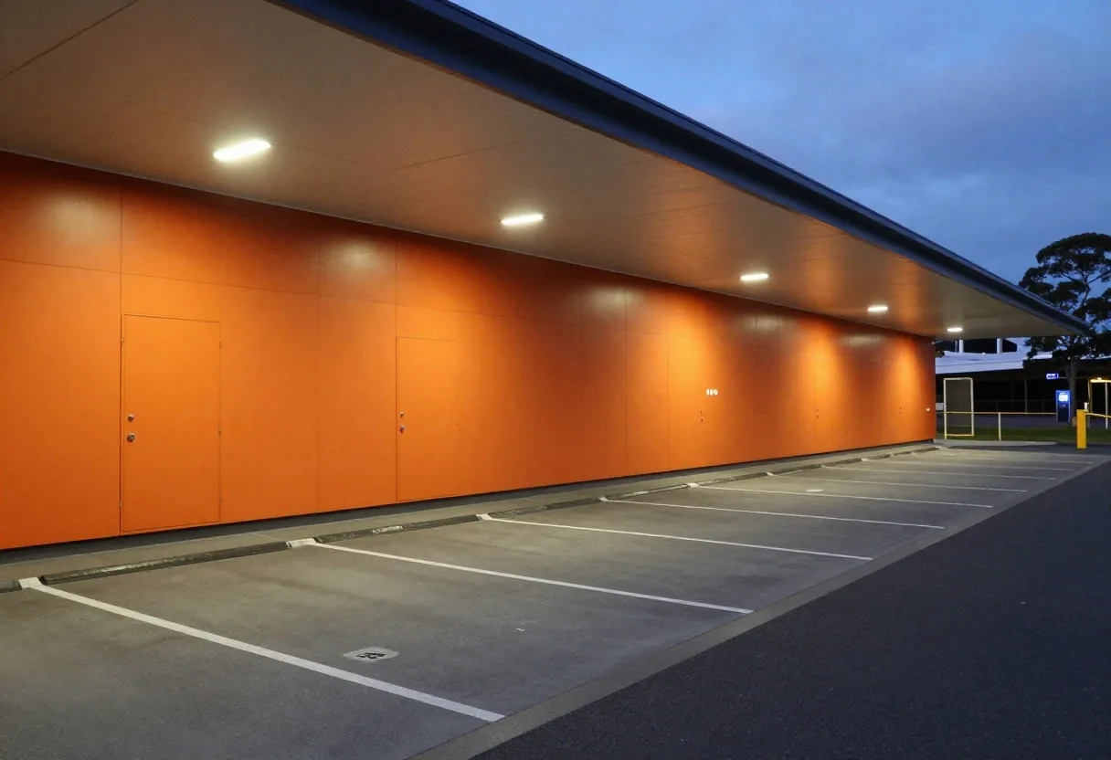 Dusk exterior of a parking hall near Sydney Airport in Mascot, with an orange powder-coated entrance panel and matte graphite tarmac