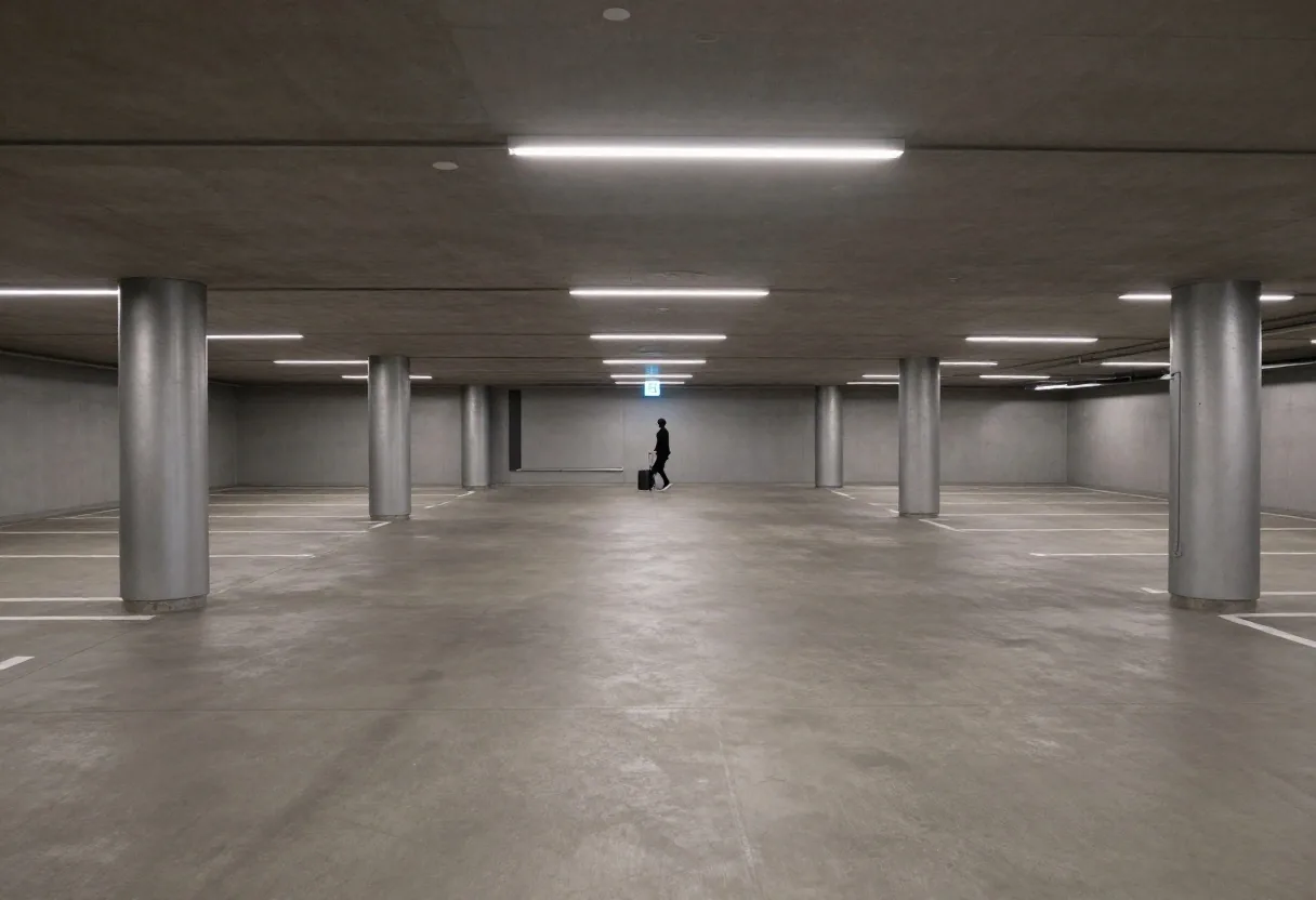 Interior of a parking hall near Sydney Airport with graphite concrete floor and light strips running toward a lit exit