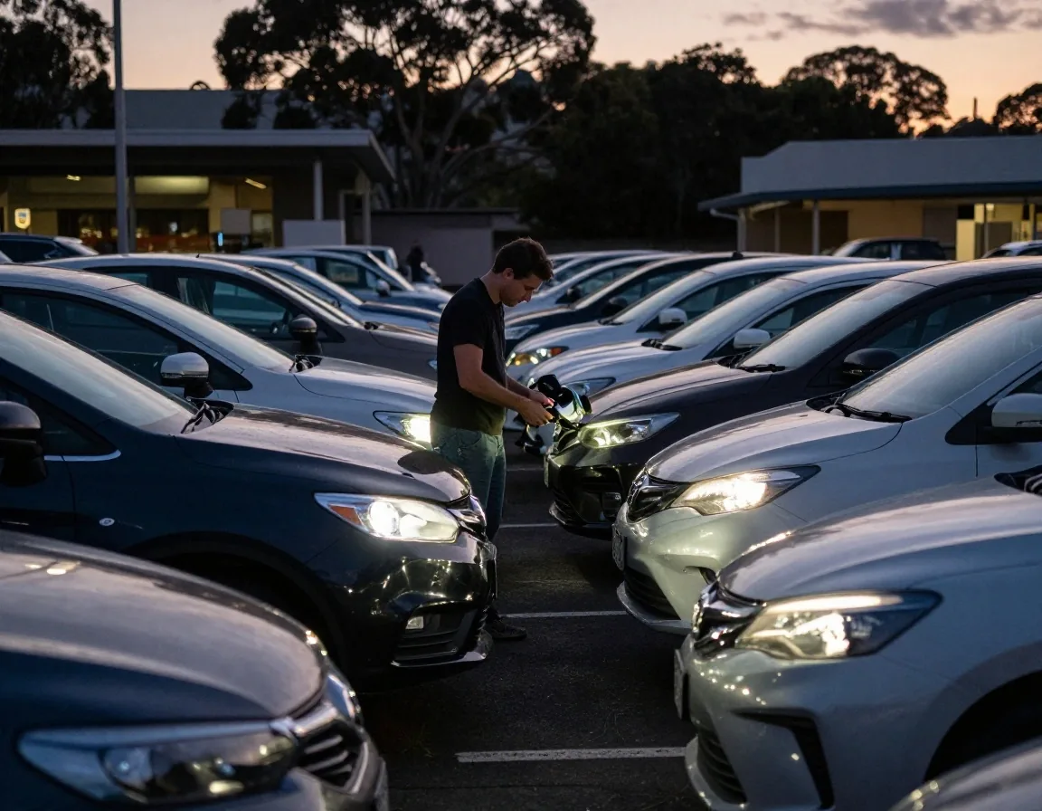 Checking tyre pressure on a car before a week of parking near Sydney Airport