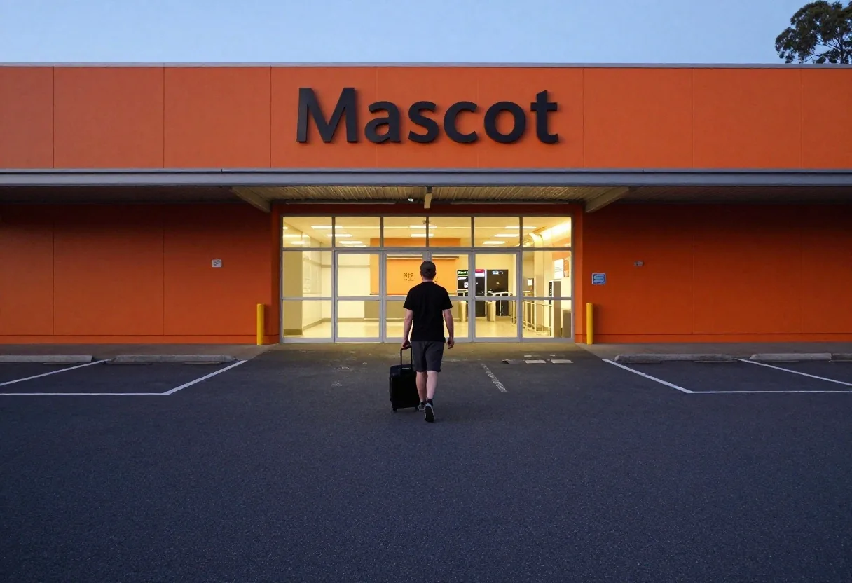 Dusk forecourt of a Mascot parking hall near Sydney Airport with a traveller walking to the terminal