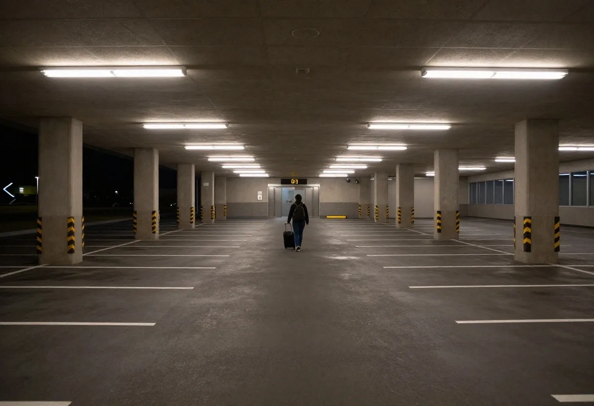 Interior of a Mascot parking hall in the evening, with a traveller walking toward the lift lobby